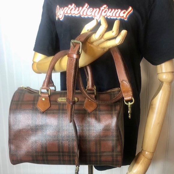 RALPH LAUREN Brown Green Tartan Plaid Boston Weekend Travel Duffle Bag Speedy